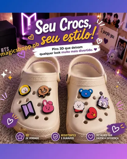 Pins BT21 aplicados no Crocs