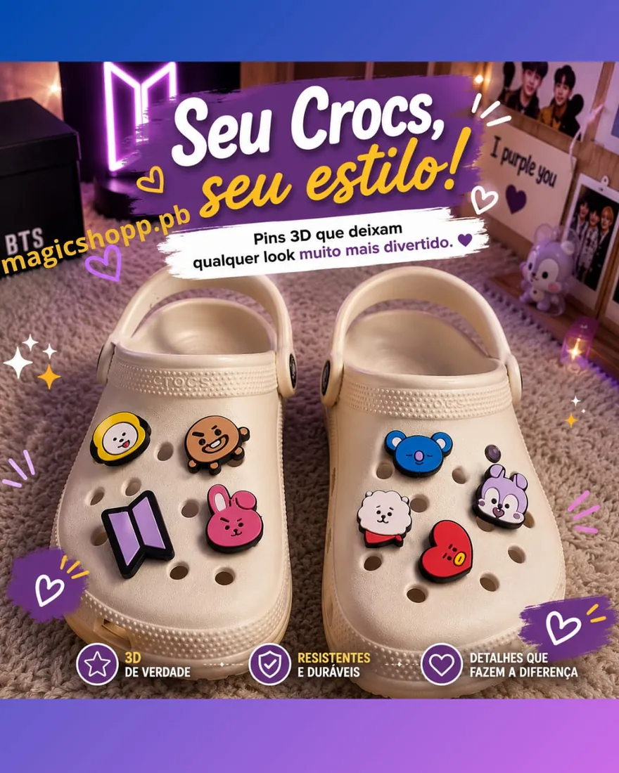 Pins BT21 aplicados no Crocs