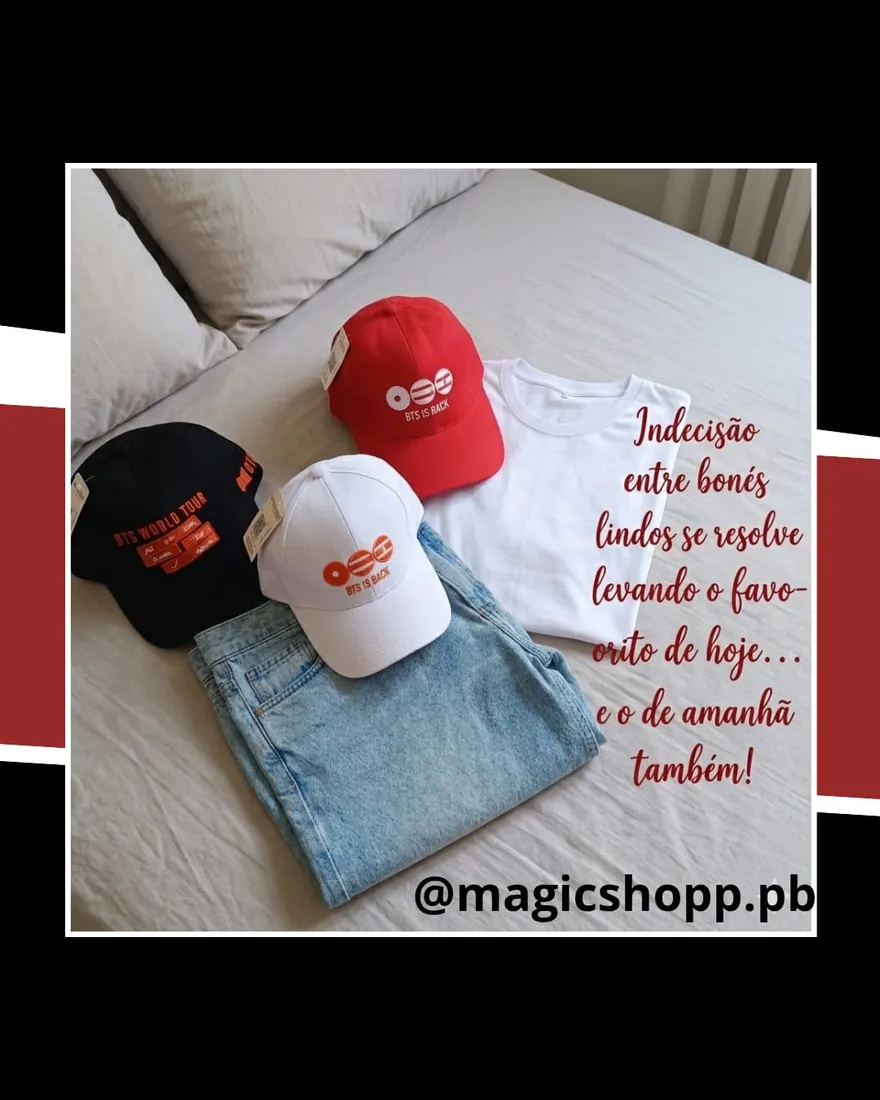 Bonés BTS Is Back vermelho e branco