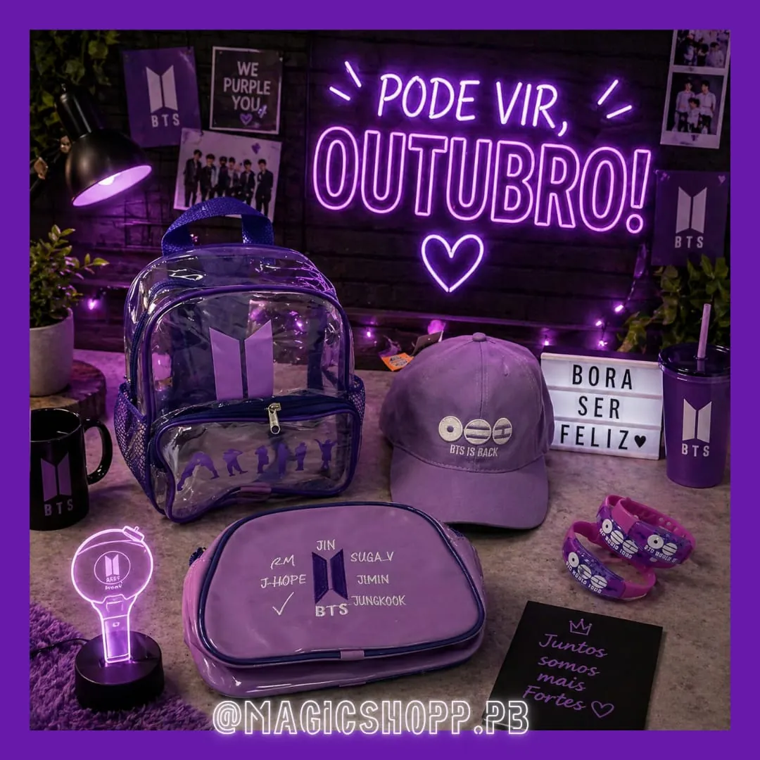 Kit BTS roxo mochila e bone