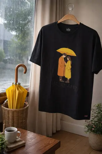 Camiseta Preta Casal sob Guarda-chuva